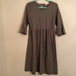 Raw Edge Gray and Striped Mid Woven Bell Sleeve Dress Medium